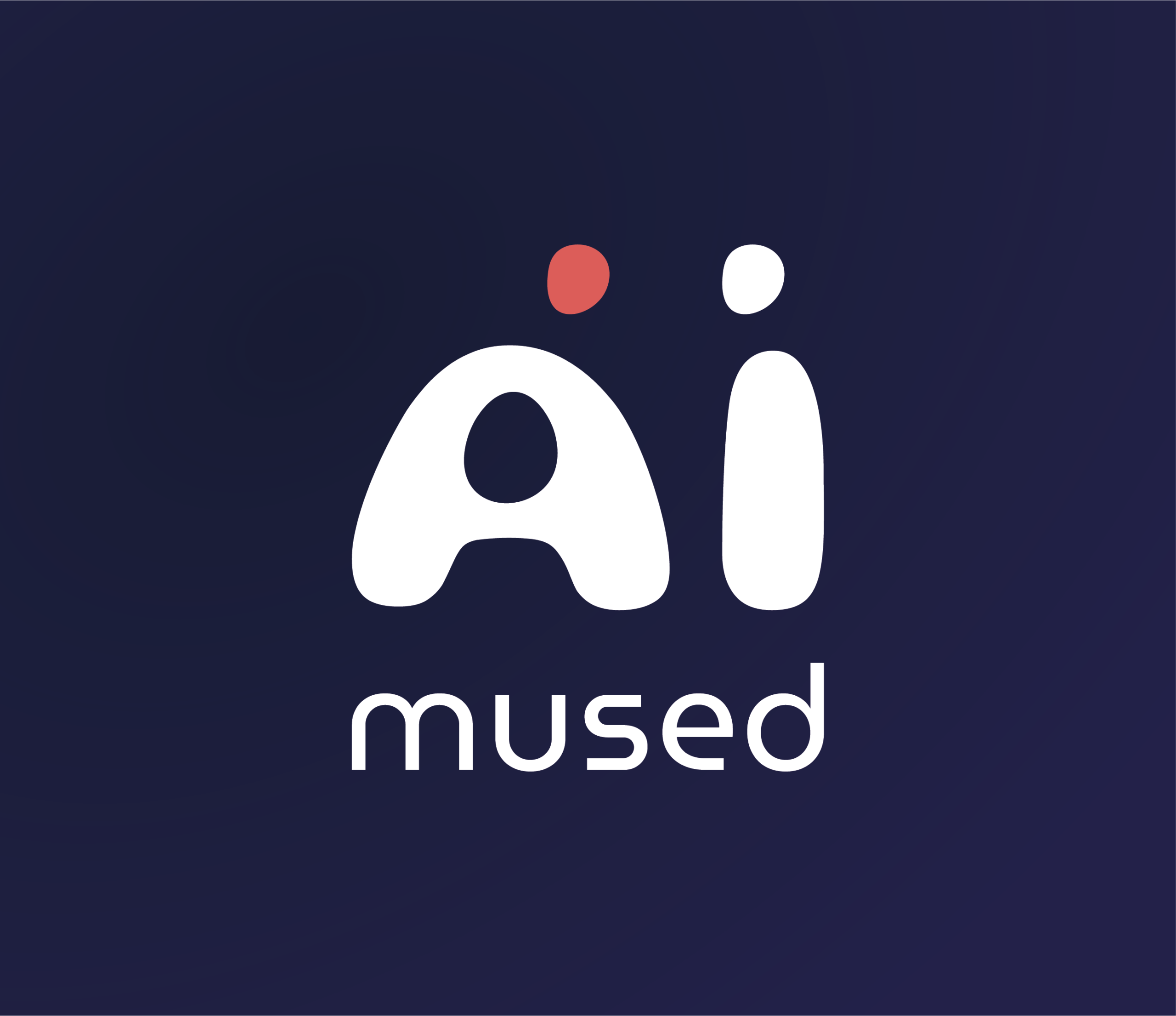 Aimused project logo, shown as two large letters - AI - reminding of two figures discussing an issue. There is a red dot above letter A, showing some kind of a problem. Letters "mused" im small font is placed below letters AI.